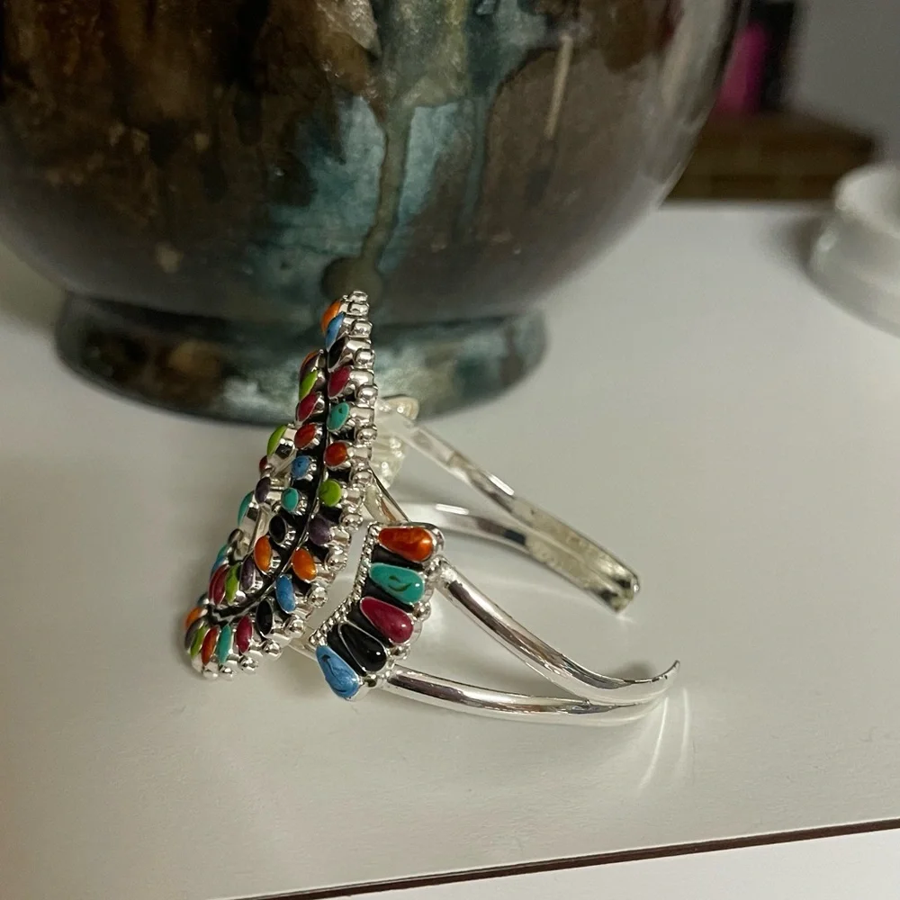 Silver Southwestern Cuff Bracelet with Sunburst Design - Picture 2 of 5